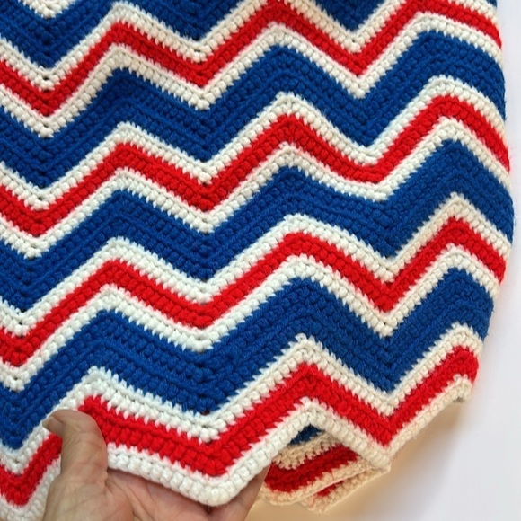 Handmade Crochet Afghan Blanket Red White Blue - Picture 3 of 4
